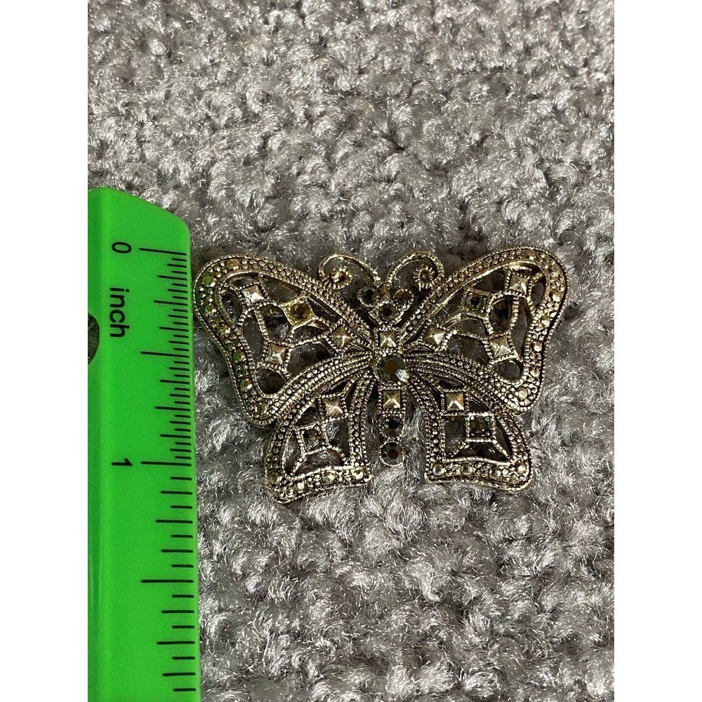 Filigree Butterfly Silver Color Pin Brooch Glass Crystal Rhinestone Accents - Picture 9 of 10